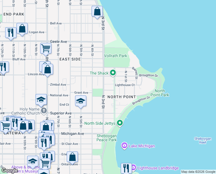 map of restaurants, bars, coffee shops, grocery stores, and more near 1808 North 2nd Street in Sheboygan