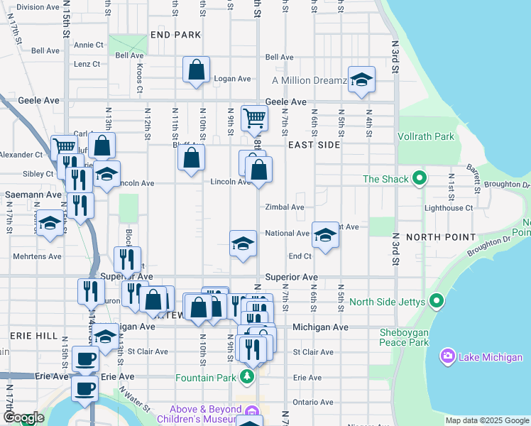 map of restaurants, bars, coffee shops, grocery stores, and more near 1733 North 8th Street in Sheboygan