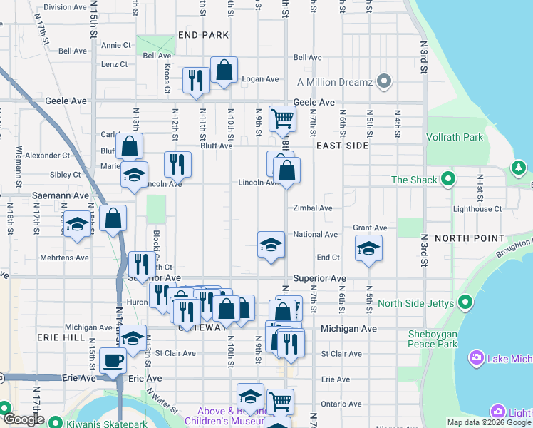 map of restaurants, bars, coffee shops, grocery stores, and more near 1743 North 9th Street in Sheboygan