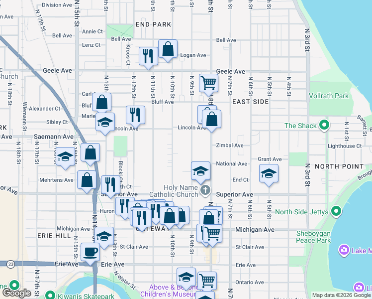 map of restaurants, bars, coffee shops, grocery stores, and more near 1733 North 10th Street in Sheboygan