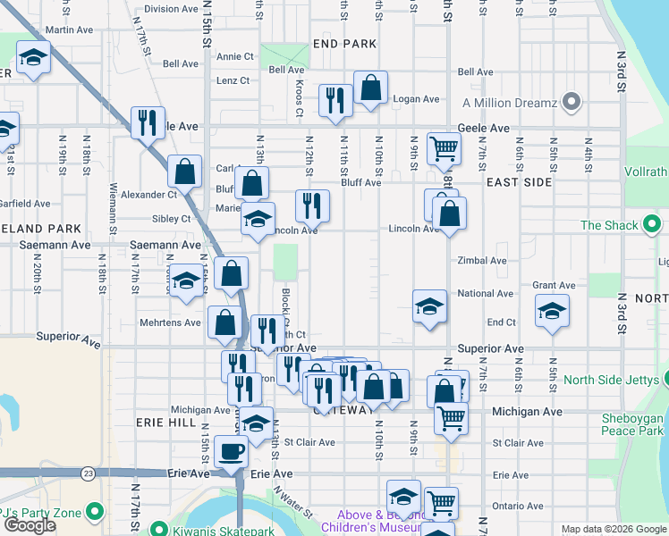 map of restaurants, bars, coffee shops, grocery stores, and more near 1734 North 11th Street in Sheboygan