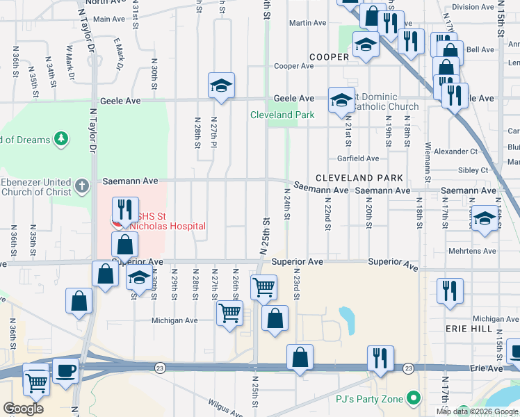 map of restaurants, bars, coffee shops, grocery stores, and more near 1722 North 25th Street in Sheboygan