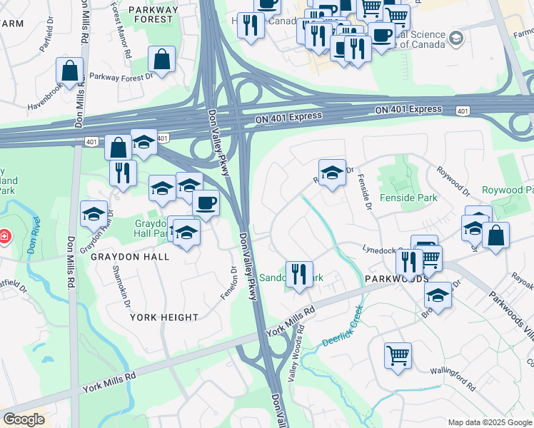 map of restaurants, bars, coffee shops, grocery stores, and more near 6 Marbury Crescent in Toronto