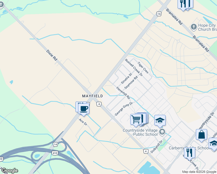 map of restaurants, bars, coffee shops, grocery stores, and more near 4585 Mayfield Road in Brampton
