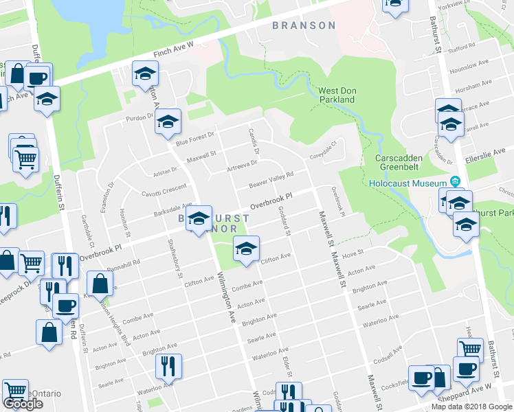 map of restaurants, bars, coffee shops, grocery stores, and more near 97 Overbrook Place in Toronto