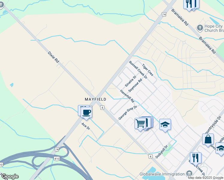 map of restaurants, bars, coffee shops, grocery stores, and more near 4585 Mayfield Road in Brampton
