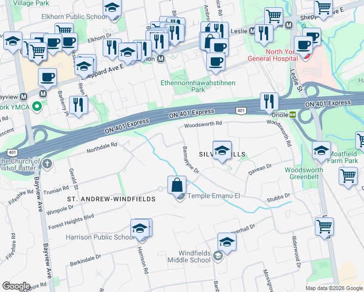 map of restaurants, bars, coffee shops, grocery stores, and more near in Toronto