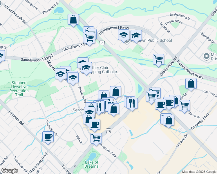 map of restaurants, bars, coffee shops, grocery stores, and more near 57 Snow Leopard Court in Brampton