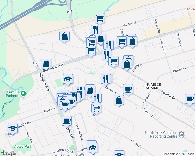 map of restaurants, bars, coffee shops, grocery stores, and more near 79 San Gabriele Place in Toronto