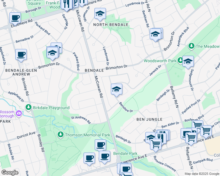map of restaurants, bars, coffee shops, grocery stores, and more near in Toronto
