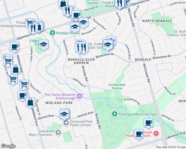 map of restaurants, bars, coffee shops, grocery stores, and more near in Toronto