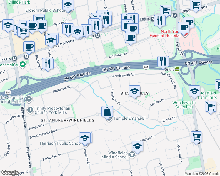 map of restaurants, bars, coffee shops, grocery stores, and more near 1 Silvergrove Road in Toronto