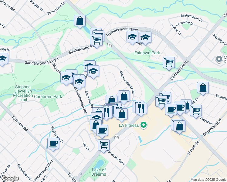map of restaurants, bars, coffee shops, grocery stores, and more near 47 Snow Leopard Court in Brampton