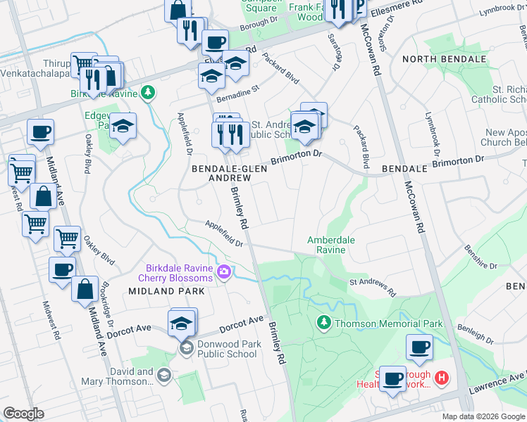 map of restaurants, bars, coffee shops, grocery stores, and more near 31 Sancrest Drive in Toronto