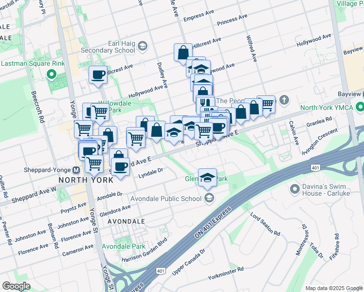 map of restaurants, bars, coffee shops, grocery stores, and more near 180 Sheppard Avenue East in Toronto