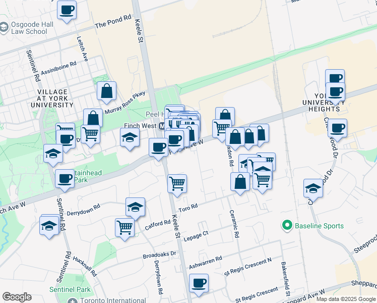 map of restaurants, bars, coffee shops, grocery stores, and more near 1295 Finch Avenue West in Toronto