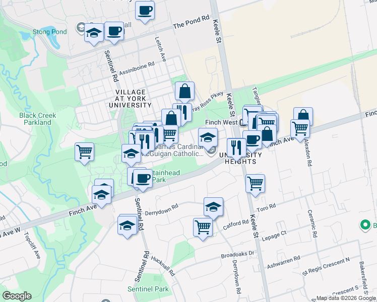 map of restaurants, bars, coffee shops, grocery stores, and more near 21 Four Winds Drive in Toronto