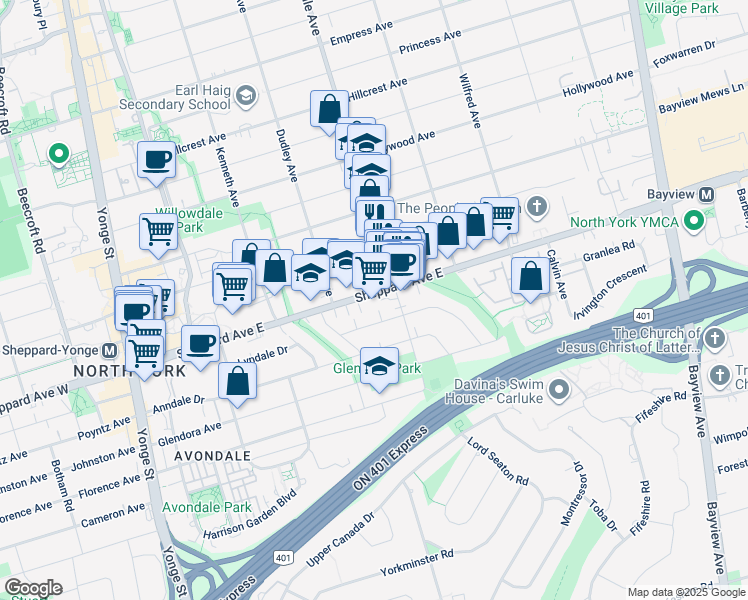 map of restaurants, bars, coffee shops, grocery stores, and more near 181 Sheppard Avenue East in Toronto