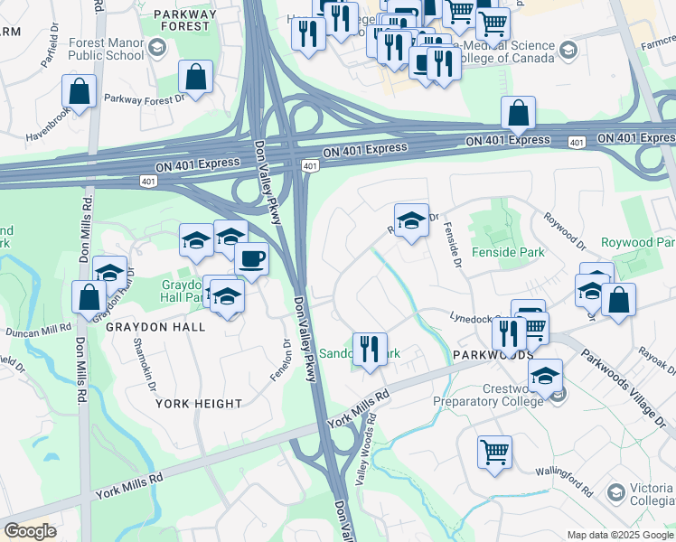 map of restaurants, bars, coffee shops, grocery stores, and more near 215 Roywood Drive in Toronto