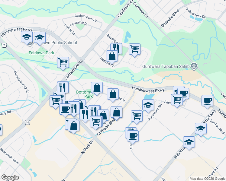 map of restaurants, bars, coffee shops, grocery stores, and more near 48 Herdwick Street in Brampton