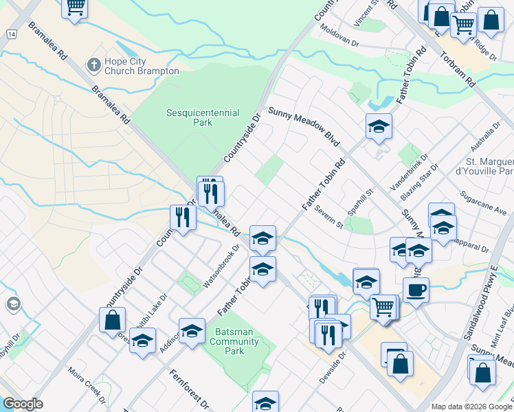 map of restaurants, bars, coffee shops, grocery stores, and more near 29 Sherbrooke Street in Brampton