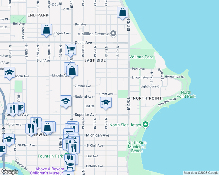 map of restaurants, bars, coffee shops, grocery stores, and more near 1806 North 5th Street in Sheboygan