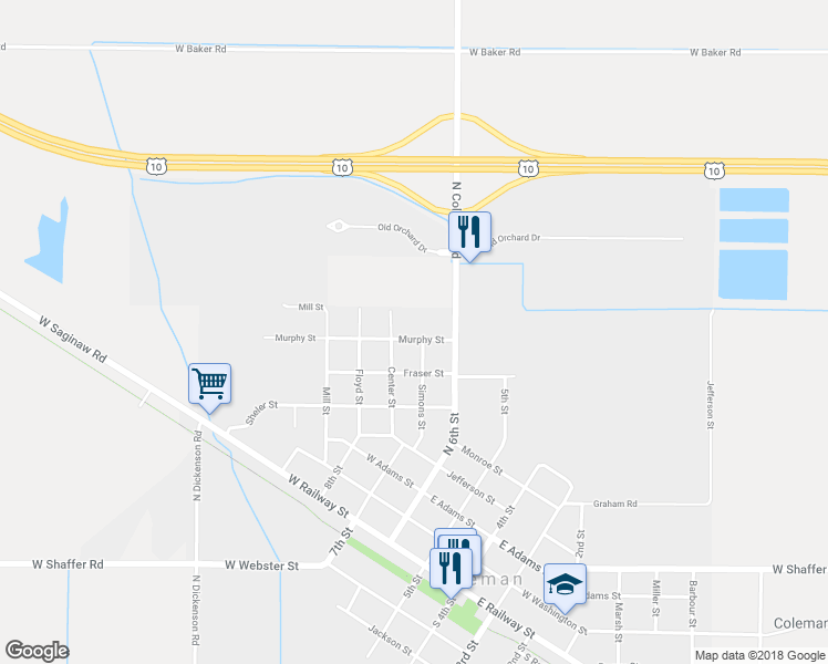 map of restaurants, bars, coffee shops, grocery stores, and more near 204 Murphy Street in Coleman