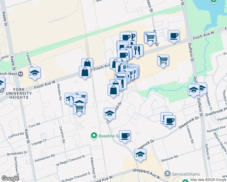 map of restaurants, bars, coffee shops, grocery stores, and more near 4480 Chesswood Drive in Toronto
