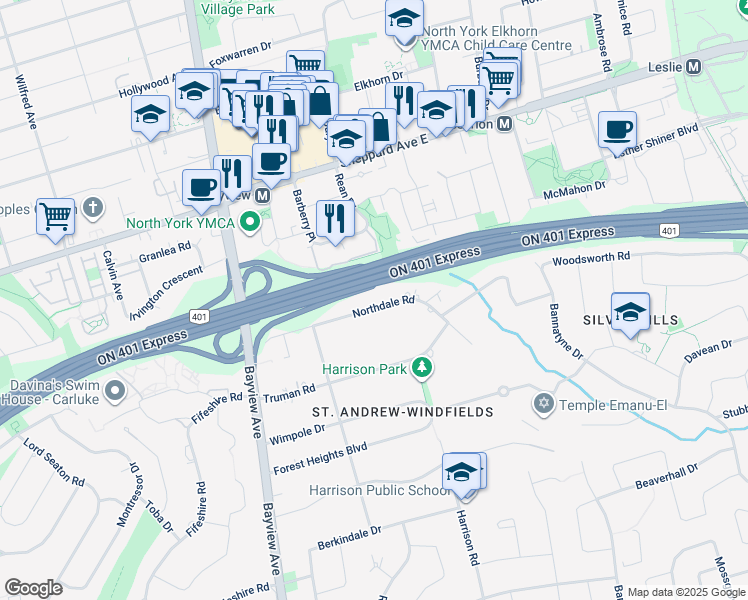 map of restaurants, bars, coffee shops, grocery stores, and more near 70 Northdale Road in Toronto