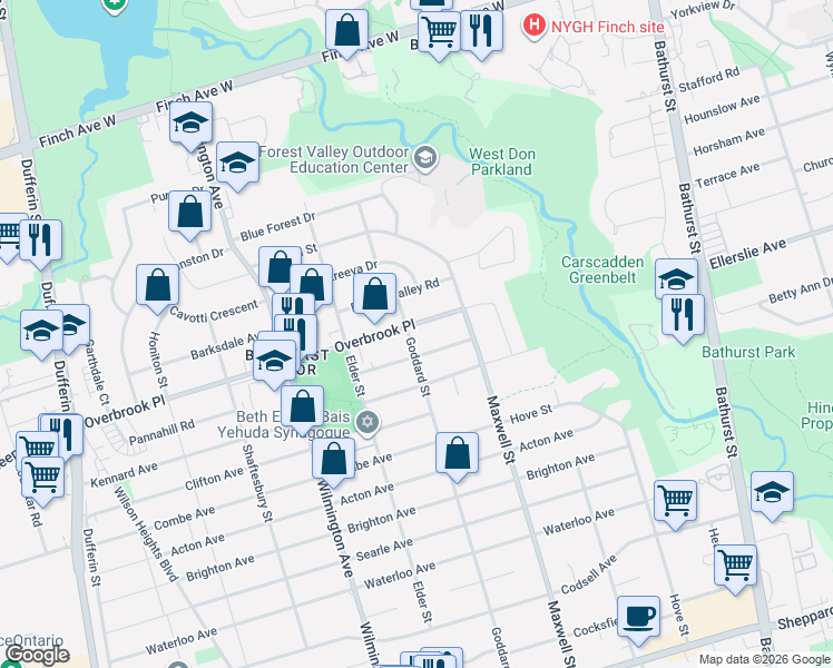 map of restaurants, bars, coffee shops, grocery stores, and more near 201 Goddard Street in Toronto