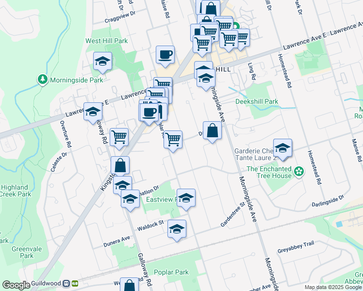 map of restaurants, bars, coffee shops, grocery stores, and more near 120 Kitchener Road in Toronto