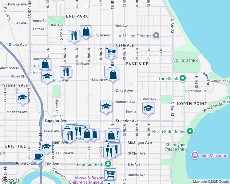 map of restaurants, bars, coffee shops, grocery stores, and more near 1733 North 8th Street in Sheboygan