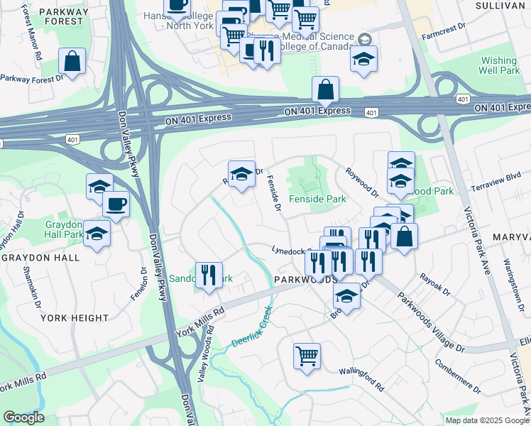 map of restaurants, bars, coffee shops, grocery stores, and more near 7 Evermede Drive in Toronto