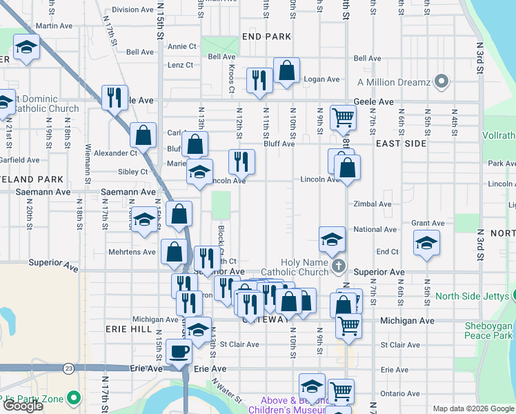 map of restaurants, bars, coffee shops, grocery stores, and more near 1734 North 11th Street in Sheboygan
