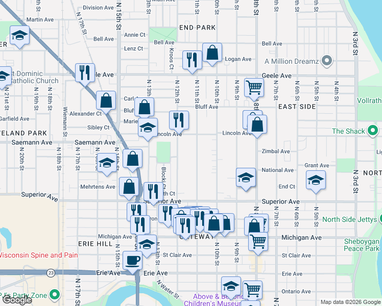 map of restaurants, bars, coffee shops, grocery stores, and more near 1722 North 11th Street in Sheboygan