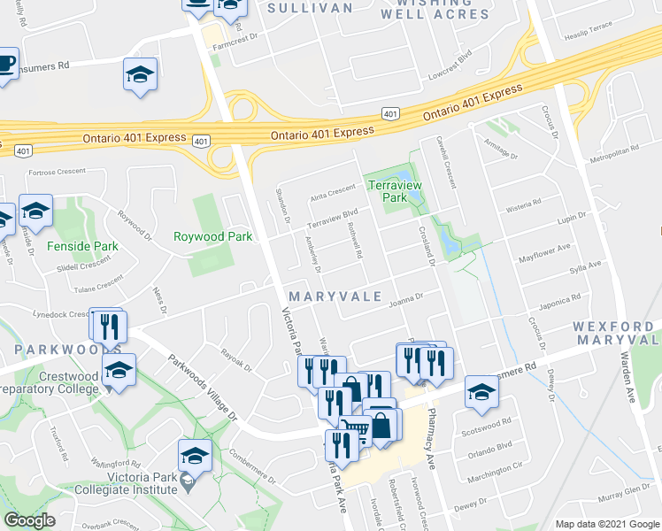 map of restaurants, bars, coffee shops, grocery stores, and more near 4 Randane Drive in Toronto