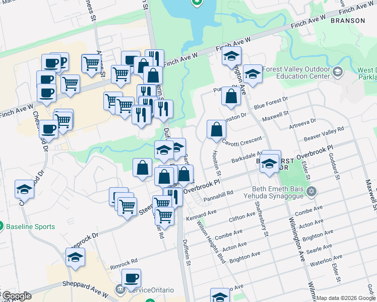 map of restaurants, bars, coffee shops, grocery stores, and more near 53 Garthdale Court in Toronto
