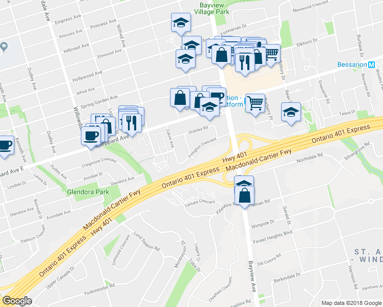 map of restaurants, bars, coffee shops, grocery stores, and more near 18 Irvington Crescent in Toronto