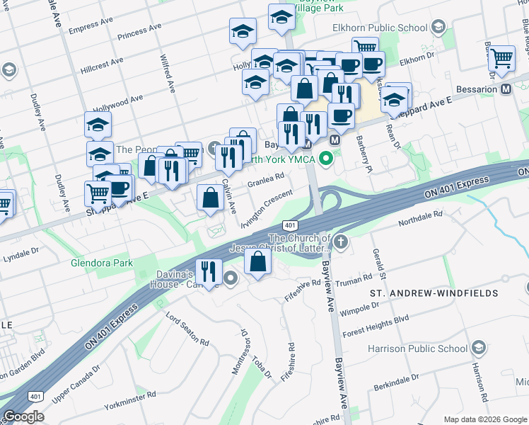 map of restaurants, bars, coffee shops, grocery stores, and more near 19 Irvington Crescent in Toronto