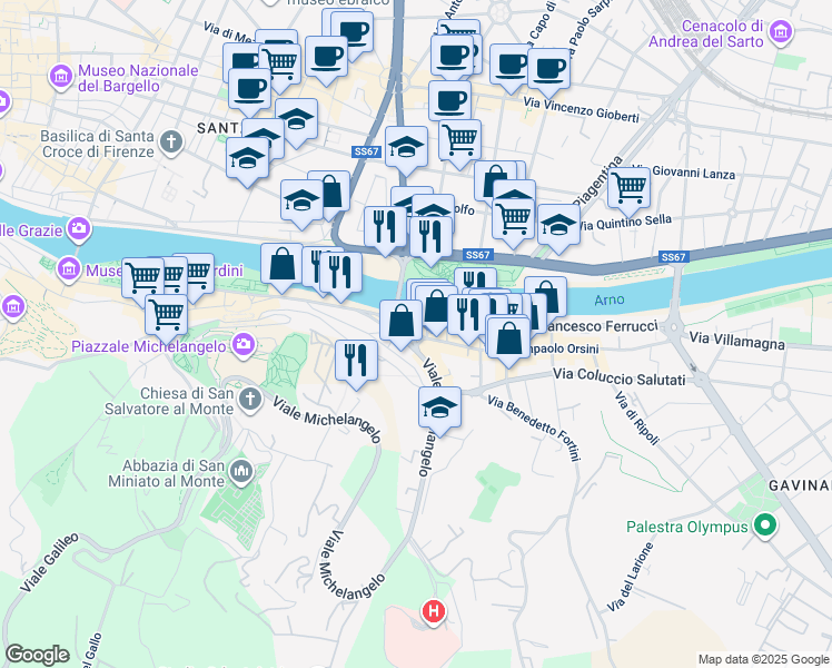 map of restaurants, bars, coffee shops, grocery stores, and more near 1 Lungarno Benvenuto Cellini in Firenze