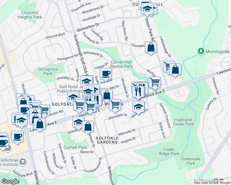 map of restaurants, bars, coffee shops, grocery stores, and more near 15 Golfhaven Drive in Toronto