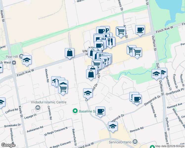 map of restaurants, bars, coffee shops, grocery stores, and more near 4480 Chesswood Drive in Toronto