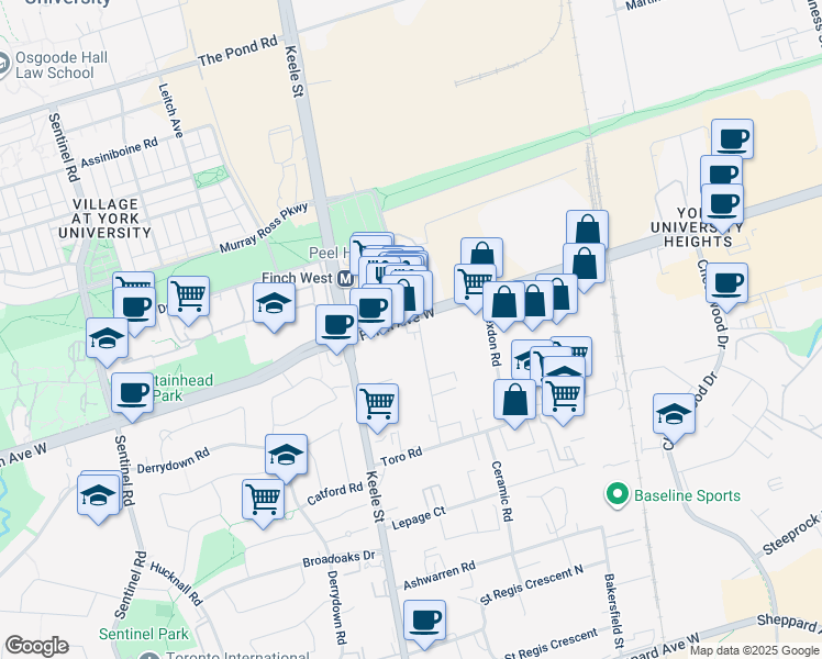 map of restaurants, bars, coffee shops, grocery stores, and more near 1275 Finch Avenue West in Toronto