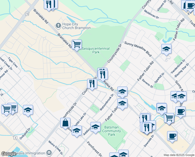 map of restaurants, bars, coffee shops, grocery stores, and more near 10980 Bramalea Road in Brampton