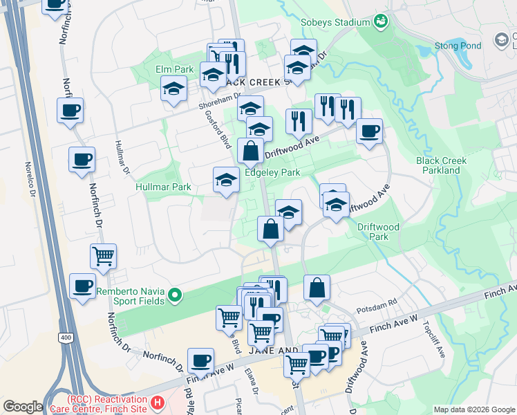 map of restaurants, bars, coffee shops, grocery stores, and more near 19 Gosford Boulevard in Toronto