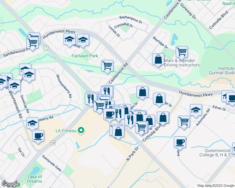 map of restaurants, bars, coffee shops, grocery stores, and more near 83 Dwyer Drive in Brampton