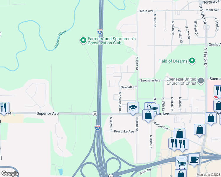 map of restaurants, bars, coffee shops, grocery stores, and more near 1711 Autumnwood Court in Sheboygan