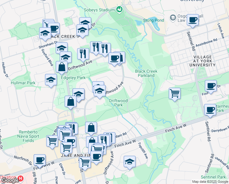 map of restaurants, bars, coffee shops, grocery stores, and more near 291 Driftwood Avenue in Toronto