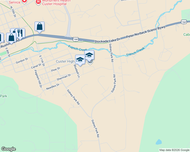 map of restaurants, bars, coffee shops, grocery stores, and more near 1645 Wildcat Lane in Custer