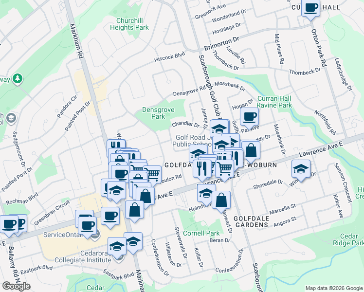 map of restaurants, bars, coffee shops, grocery stores, and more near 11 Chandler Drive in Toronto